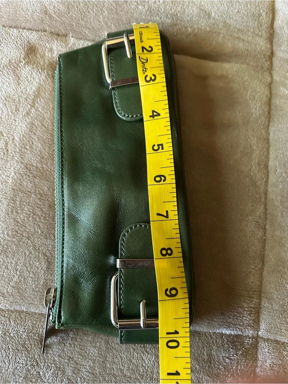 Vintage Green Leather Wristlet Clutch - Sleek Buckle Detail